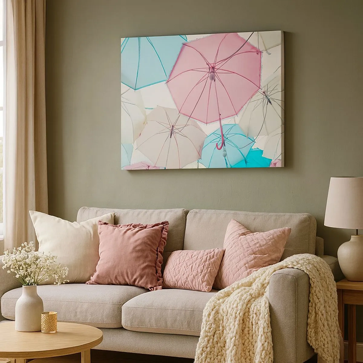 Tablou pe pânză Canvas - Umbrele pastelate pe un cer luminos - 70x50cm - Uneori soare, alteori ploaie - Decorațiune modernă pentru perete pentru living și dormitor ARTTOR