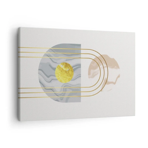 Tablou pe pânză Canvas - Compoziție abstractă cu cercuri și linii aurii pe un fundal deschis. - 70x50cm - Lumină și strălucire - Decorațiune modernă pentru perete pentru living și dormitor ARTTOR