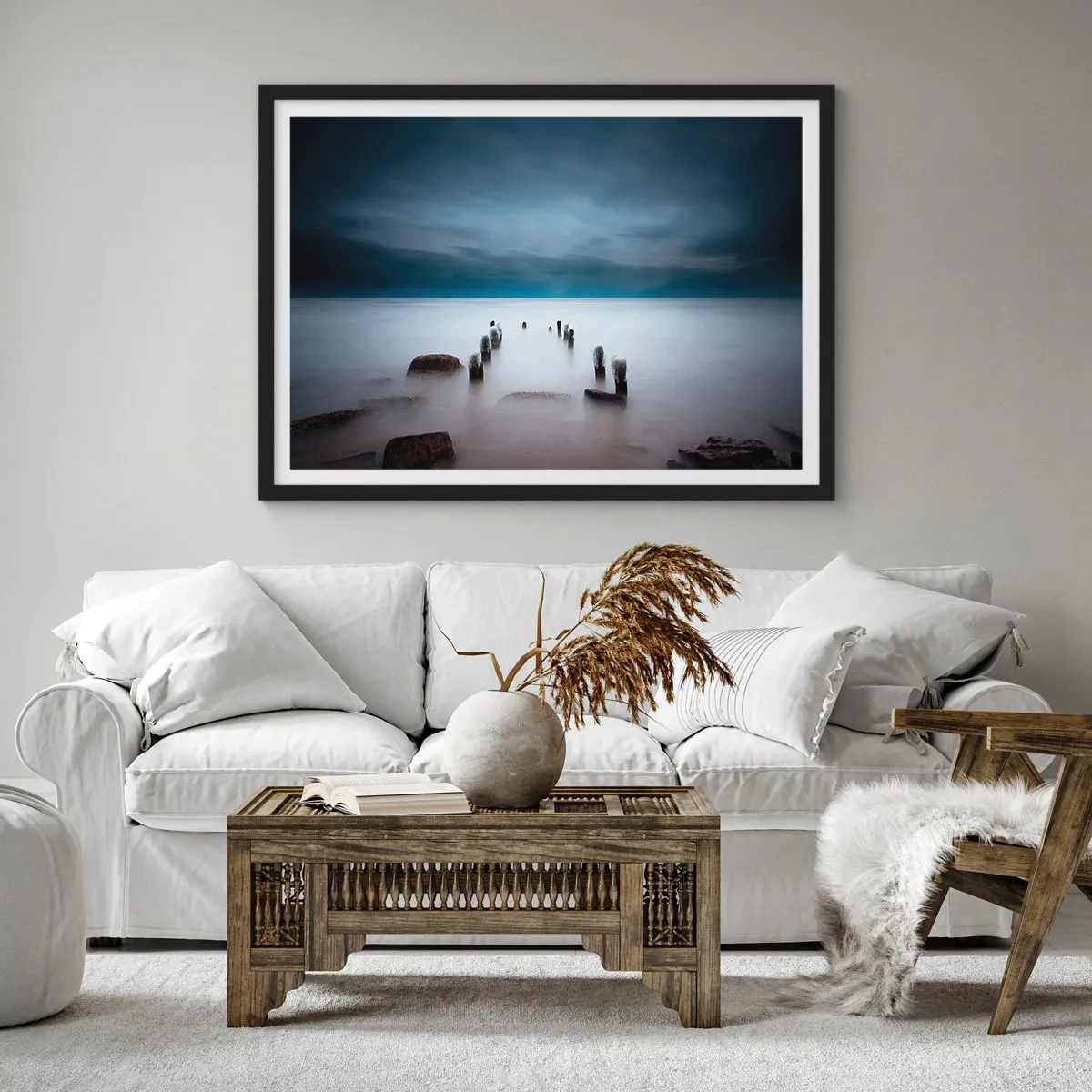 Poster în ramă neagră - Un lac în ceața calmă - 70x50 cm