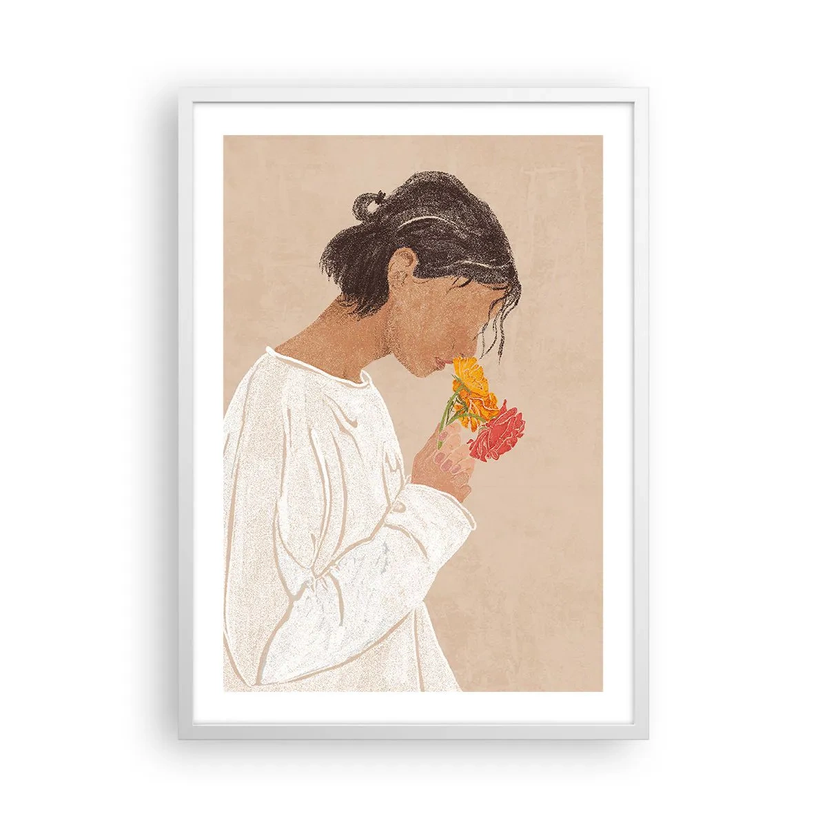 Poster în ramă albă - Fată și floare - 50x70 cm