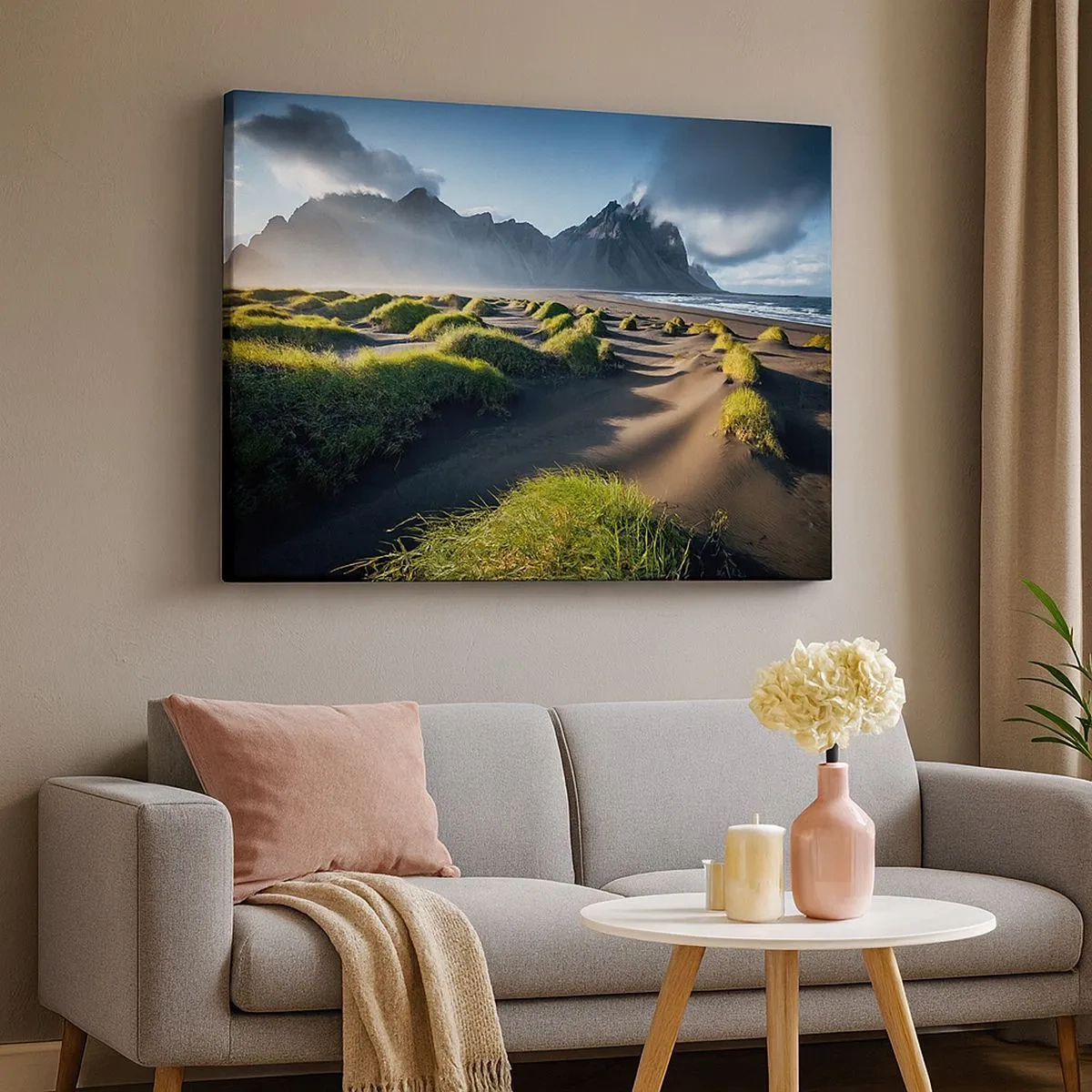 Tablou pe pânză Canvas - Dune verzi cu fundal muntos sub un cer albastru - 70x50cm - Armonia elementelor - Decorațiune modernă pentru perete pentru living și dormitor ARTTOR