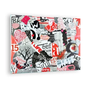 Tablou pe sticlă - Un colaj de litere, inimioare și copaci într-un stil artistic. - 70x50cm - Colaj de hipsteri - Decorațiune modernă pentru perete pentru living și dormitor ARTTOR