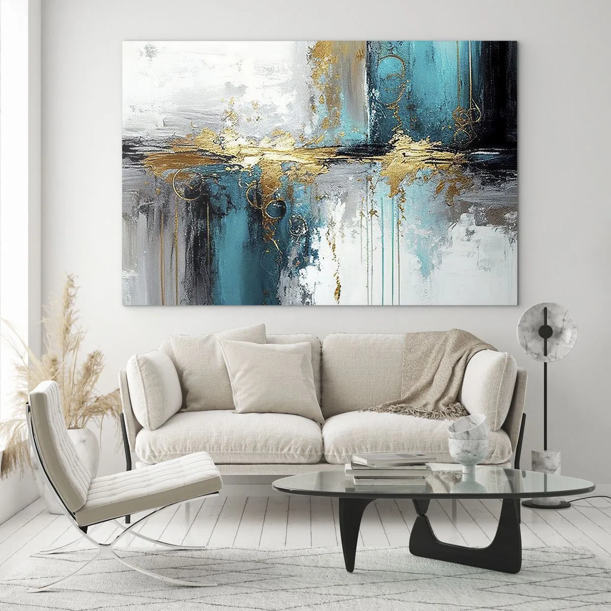 Tablou pe sticlă - Abstracție cu turcoaz și auriu pe fundal alb - 70x50cm - Totul curge - Decorațiune modernă pentru perete pentru living și dormitor ARTTOR