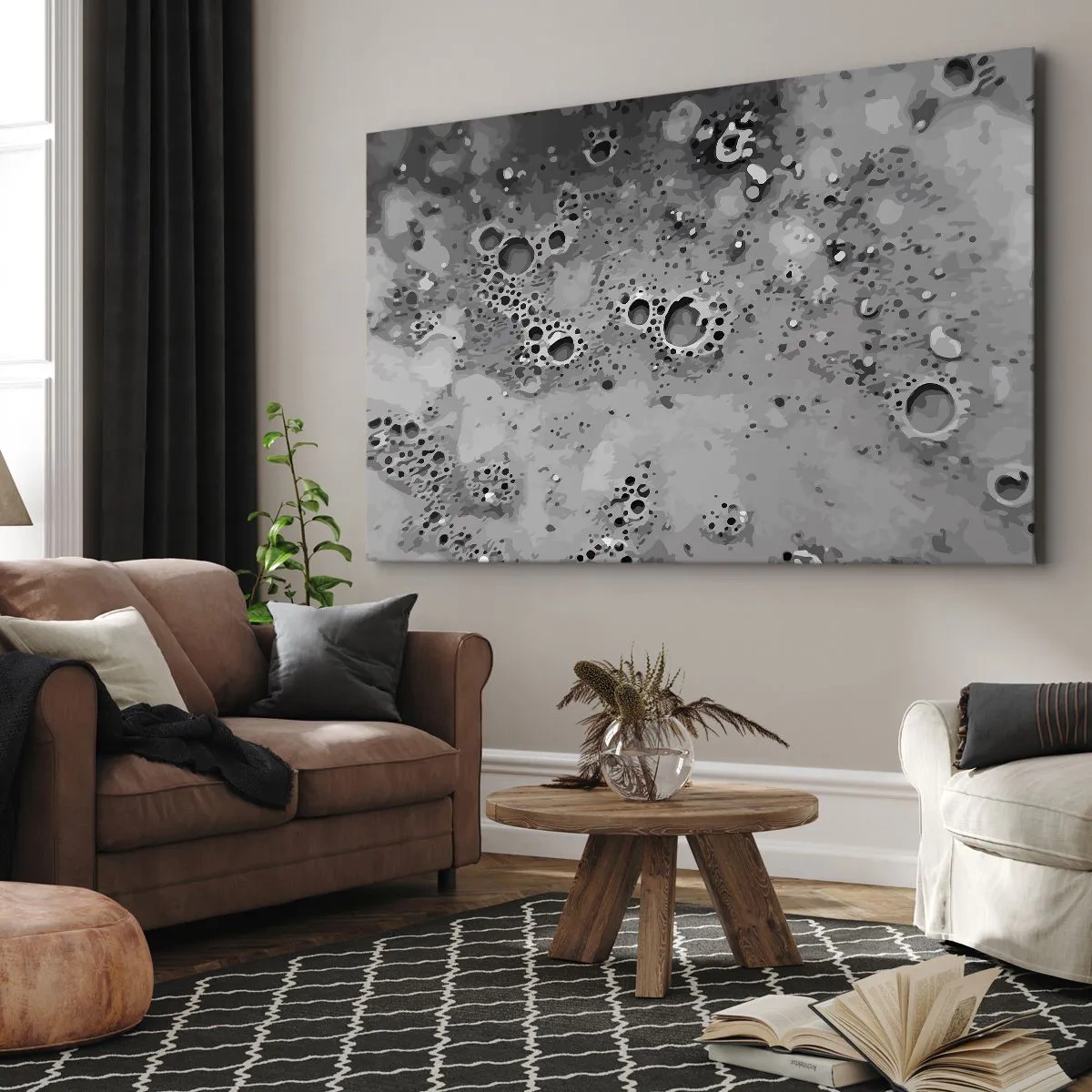Tablou pe pânză Canvas - Model abstract cu bule alb-negru - 70x50cm - Ca un peisaj lunar - Decorațiune modernă pentru perete pentru living și dormitor ARTTOR