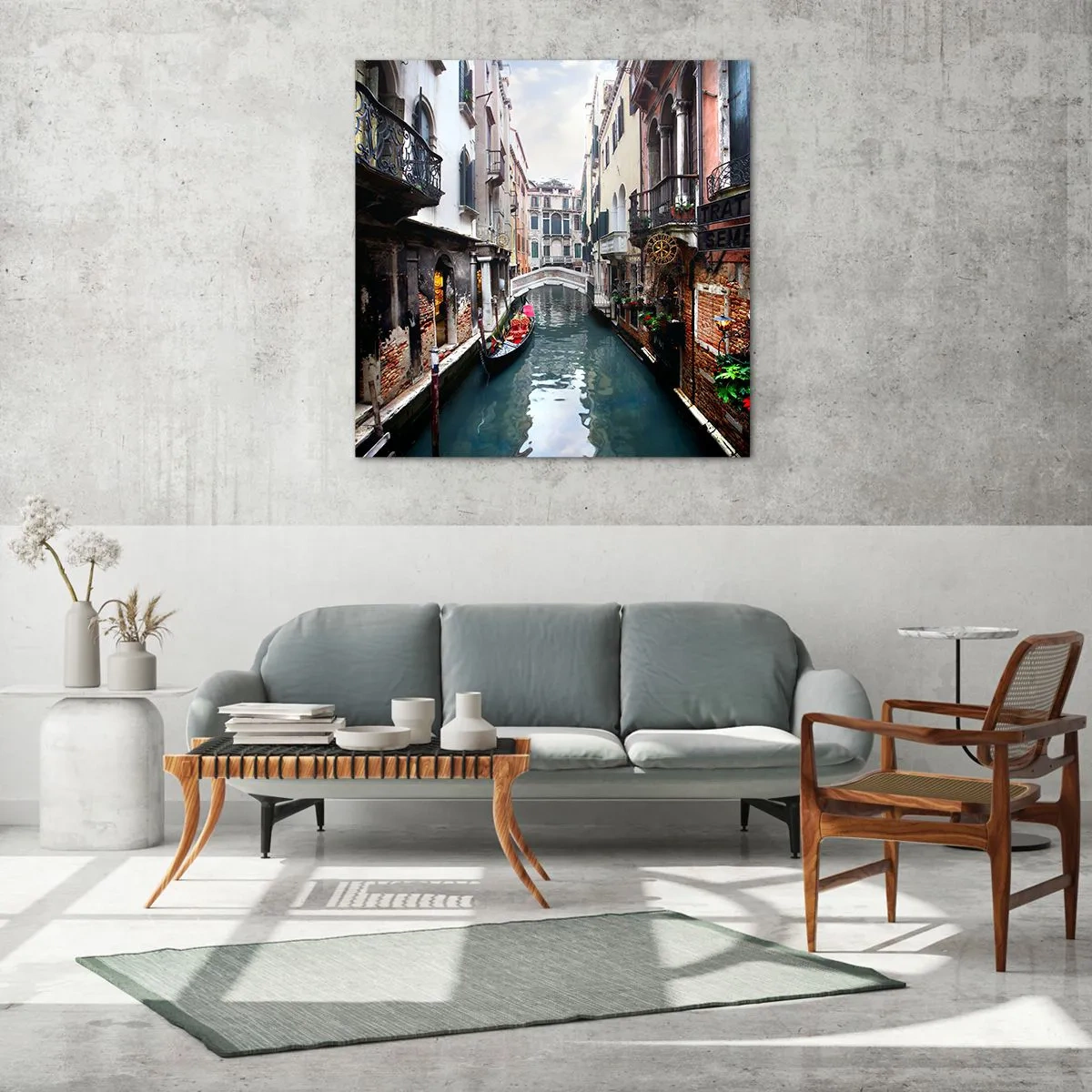 Tablou pe sticlă - Peisaj venețian cu gondolă și pod - 70x70 cm