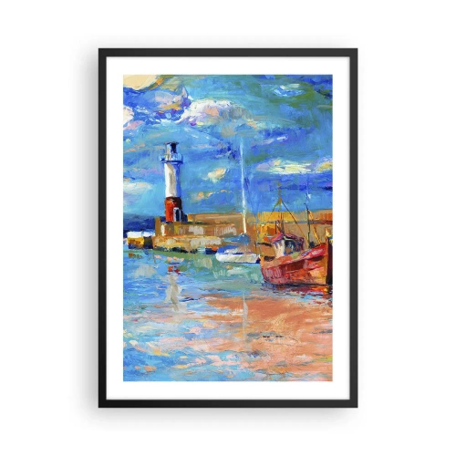 Poster în ramă neagră - Un port pitoresc cu un far și bărci ancorate - 50x70cm - După-amiază în golful de curcubeu - Decorațiune modernă pentru perete pentru living și dormitor ARTTOR