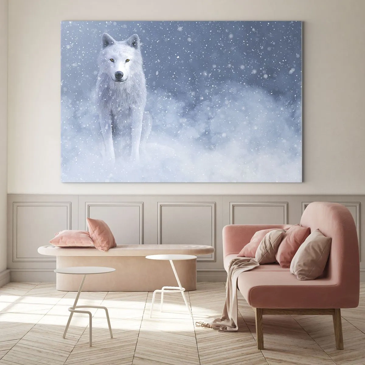 Tablou pe sticlă - Un lup alb într-o viscol privind drept înainte - 70x50cm - În stil de iarnă - Decorațiune modernă pentru perete pentru living și dormitor ARTTOR
