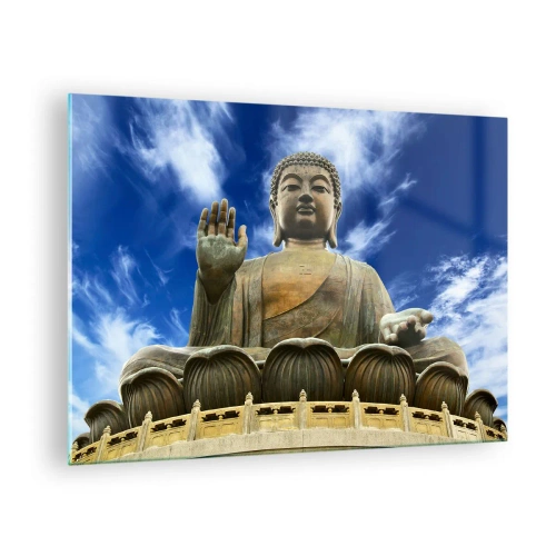 Tablou pe sticlă - O statuie mare a lui Buddha pe un cer albastru - 70x50cm - Trăiește fără teamă - Decorațiune modernă pentru perete pentru living și dormitor ARTTOR