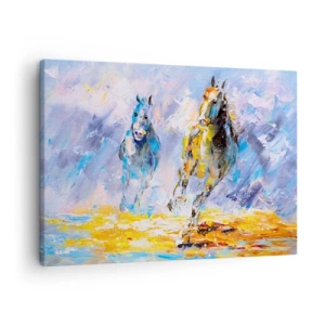 Tablou pe pânză Canvas - Doi cai în mișcare pe fundalul unui peisaj abstract - 70x50cm - Galopând prin strălucire - Decorațiune modernă pentru perete pentru living și dormitor ARTTOR