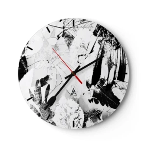 Ceas de perete - Ceas pe sticlă - Model floral și cu frunze alb-negru într-un stil artistic - 30x30cm - Toamna în negativ - Decorațiune modernă pentru perete pentru living, bucătărie și dormitor ARTTOR