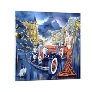 Tablou pe sticlă - Nocturne în albastru și coral - 30x30 cm