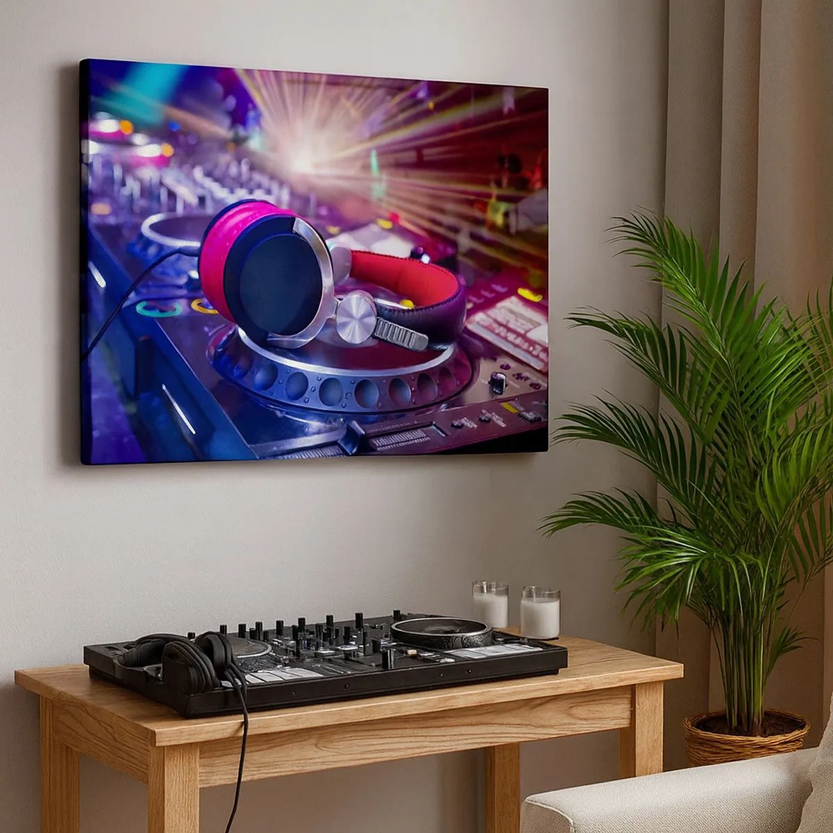 Tablou pe pânză Canvas - Căști DJ pe o consolă iluminată de spoturi la o petrecere - 70x50cm - Imediat începe distracția - Decorațiune modernă pentru perete pentru living și dormitor ARTTOR