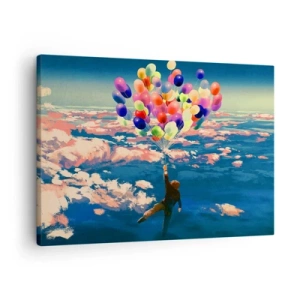 Tablou pe pânză Canvas - O figură plutind deasupra norilor cu baloane colorate - 70x50cm - Un vis din copilărie devenit realitate - Decorațiune modernă pentru perete pentru living și dormitor ARTTOR