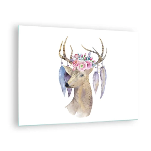 Tablou pe sticlă - Cerb cu o coroană de flori și pene - 70x50cm - Ghidul sufletului - blând, inocent - Decorațiune modernă pentru perete pentru living și dormitor ARTTOR