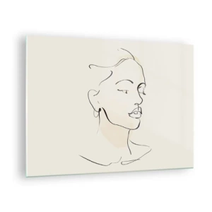 Tablou pe sticlă - Un portret feminin liniar pe un fundal deschis cu umbre delicate. - 70x50cm - Cu o linie sigură - Decorațiune modernă pentru perete pentru living și dormitor ARTTOR