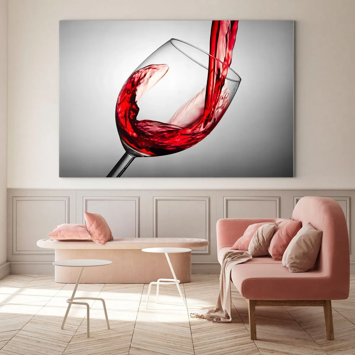Tablou pe sticlă - Vin roșu turnat într-un pahar pe un fundal deschis la culoare - 70x50cm - Culoare - mișcare - sunet - Decorațiune modernă pentru perete pentru living și dormitor ARTTOR