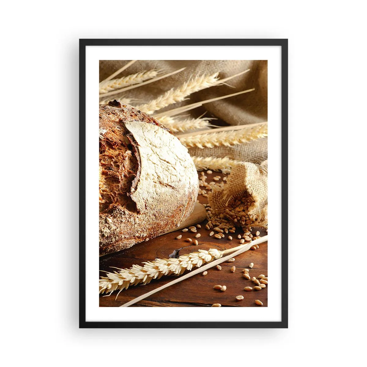 Poster în ramă neagră - Pâine pe o masă de lemn cu spice de grâu - 50x70cm - Apetisantă, parfumată, crocantă - Decorațiune modernă pentru perete pentru living și dormitor ARTTOR