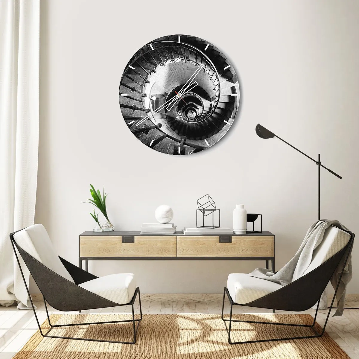 Ceas de perete - Ceas pe sticlă - Scară în spirală alb-negru văzută de sus - 30x30cm - Din ce în ce mai sus - Decorațiune modernă pentru perete pentru living, bucătărie și dormitor ARTTOR