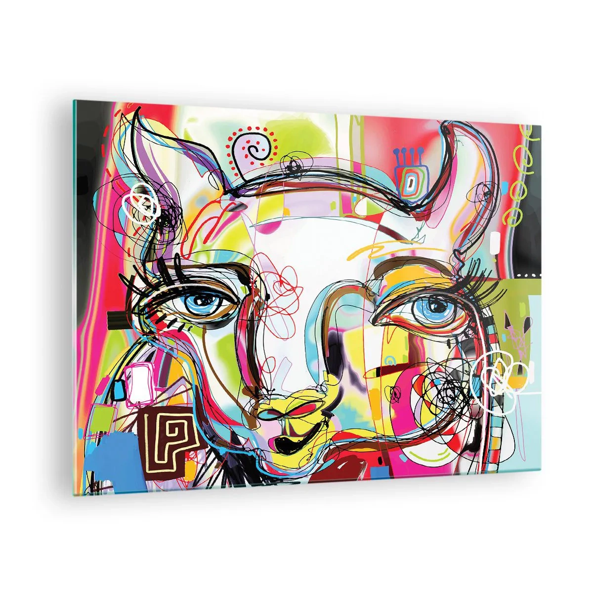Tablou pe sticlă - Imagine abstractă a feței unei pisici într-o expresie artistică colorată - 70x50cm - Bogăția naturii feline - Decorațiune modernă pentru perete pentru living și dormitor ARTTOR