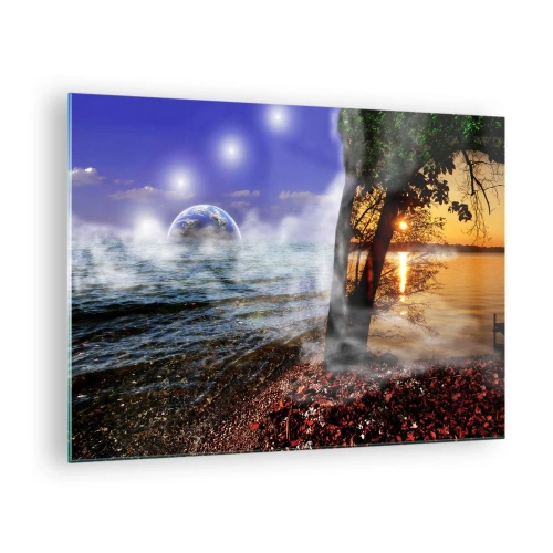 Tablou pe sticlă - Un peisaj fantastic cu marea și o planetă - 70x50cm - Peisaj suprarealist - unitatea naturii - Decorațiune modernă pentru perete pentru living și dormitor ARTTOR