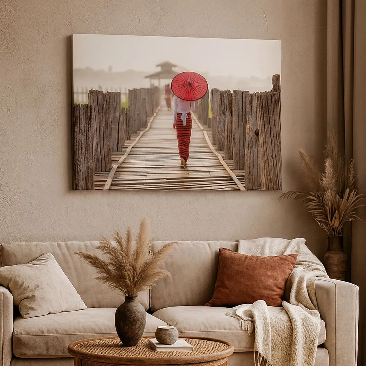 Tablou pe pânză Canvas - O femeie cu o umbrelă roșie pe un pod de lemn - 70x50cm - Pe podul vechi - Decorațiune modernă pentru perete pentru living și dormitor ARTTOR