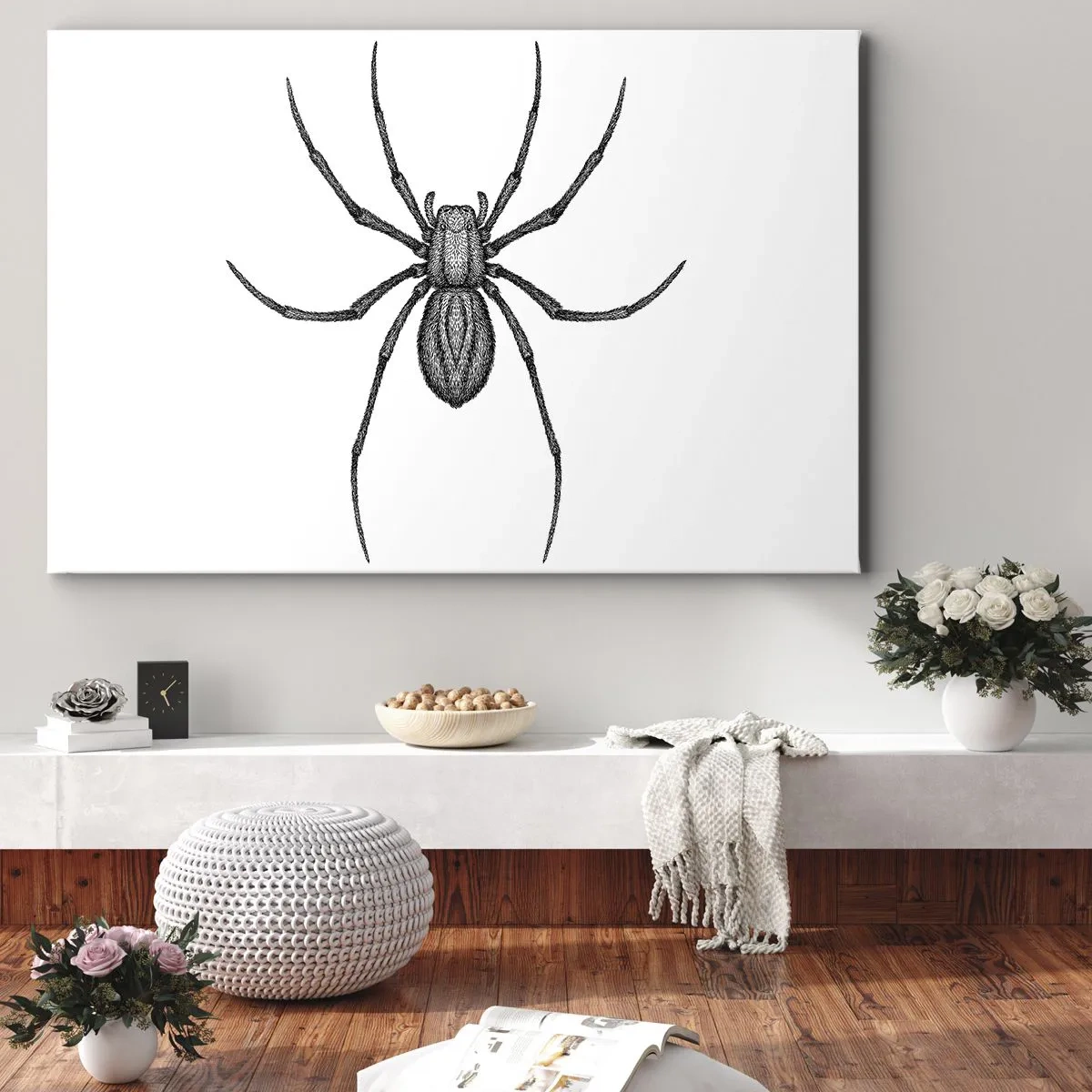 Tablou pe pânză Canvas - Detaliu al unui păianjen pe fundal alb în stil desen animat - 70x50cm - Precizie tulburătoare - Decorațiune modernă pentru perete pentru living și dormitor ARTTOR