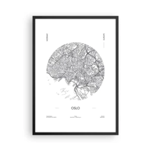 Poster în ramă neagră - O hartă minimalistă alb-negru a orașului Oslo - 50x70cm - Anatomia Oslo - Decorațiune modernă pentru perete pentru living și dormitor ARTTOR