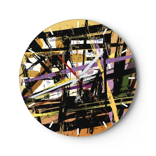 Ceas de perete - Ceas pe sticlă - Linii și forme abstracte dinamice în tonuri întunecate și deschise. - 30x30cm - Tăietură ascuțită - Decorațiune modernă pentru perete pentru living, bucătărie și dormitor ARTTOR