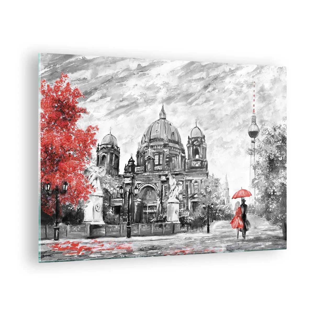 Tablou pe sticlă - Catedrala din Berlin cu accent roșu în tonuri monocromatice - 70x50cm - Reuniune în Berlin - Decorațiune modernă pentru perete pentru living și dormitor ARTTOR