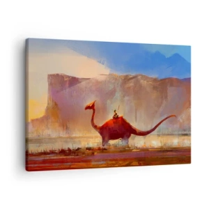 Tablou pe pânză Canvas - O scenă fantastică cu un călăreț pe o creatură preistorică - 70x50cm - Dacă nu ar fi dispărut - Decorațiune modernă pentru perete pentru living și dormitor ARTTOR