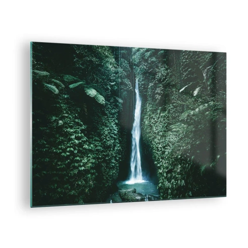 Tablou pe sticlă - O cascadă în mijlocul vegetației tropicale dense - 70x50cm - Băi tropicale - Decorațiune modernă pentru perete pentru living și dormitor ARTTOR