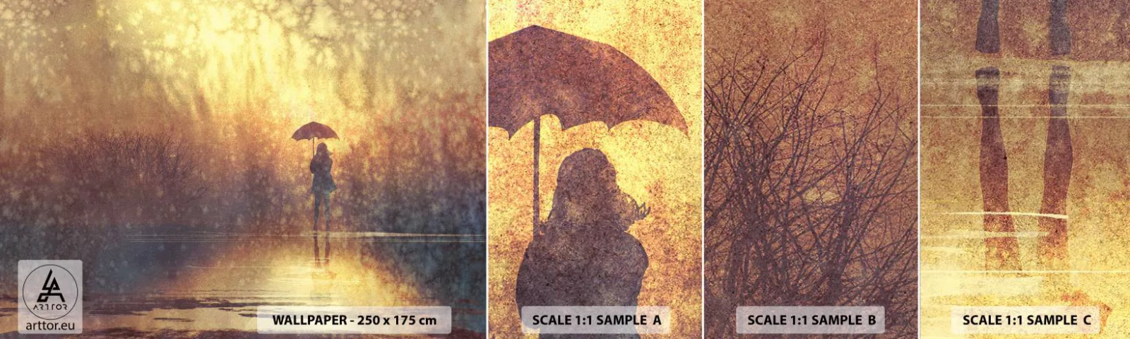 Mostră tapet autocolant Deluxe Sticker - Simt că cineva se uită la mine - Abstracția, Femeie, Plimbare in ploaie - 100x30 cm