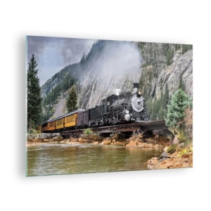 Tablou pe sticlă - O locomotivă cu aburi pe un pod în munți - 70x50cm - Și încotro? Unde? - Decorațiune modernă pentru perete pentru living și dormitor ARTTOR