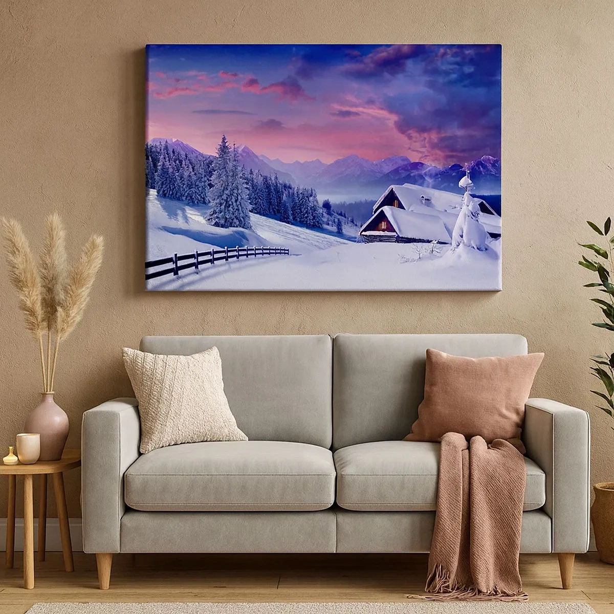 Tablou pe pânză Canvas - Peisaj de iarnă cu cabane de munte la apus - 70x50cm - Noapte liniștită - Decorațiune modernă pentru perete pentru living și dormitor ARTTOR