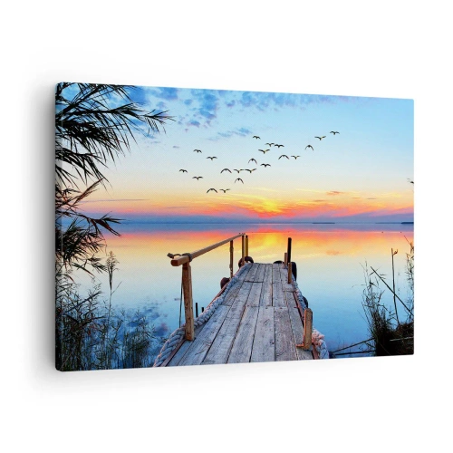 Tablou pe pânză Canvas - ponton de lemn peste lac la apus - 70x50cm - E timpul să ne întoarcem... - Decorațiune modernă pentru perete pentru living și dormitor ARTTOR