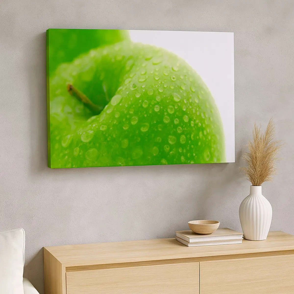 Tablou pe pânză Canvas - Prim-plan al unui măr verde cu picături de apă - 70x50cm - Prospețime verde rece - Decorațiune modernă pentru perete pentru living și dormitor ARTTOR