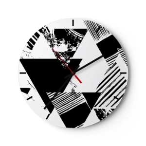 Ceas de perete - Ceas pe sticlă - Compoziție geometrică alb-negru cu triunghiuri - 30x30cm - Ploaie de triunghiuri - Decorațiune modernă pentru perete pentru living, bucătărie și dormitor ARTTOR