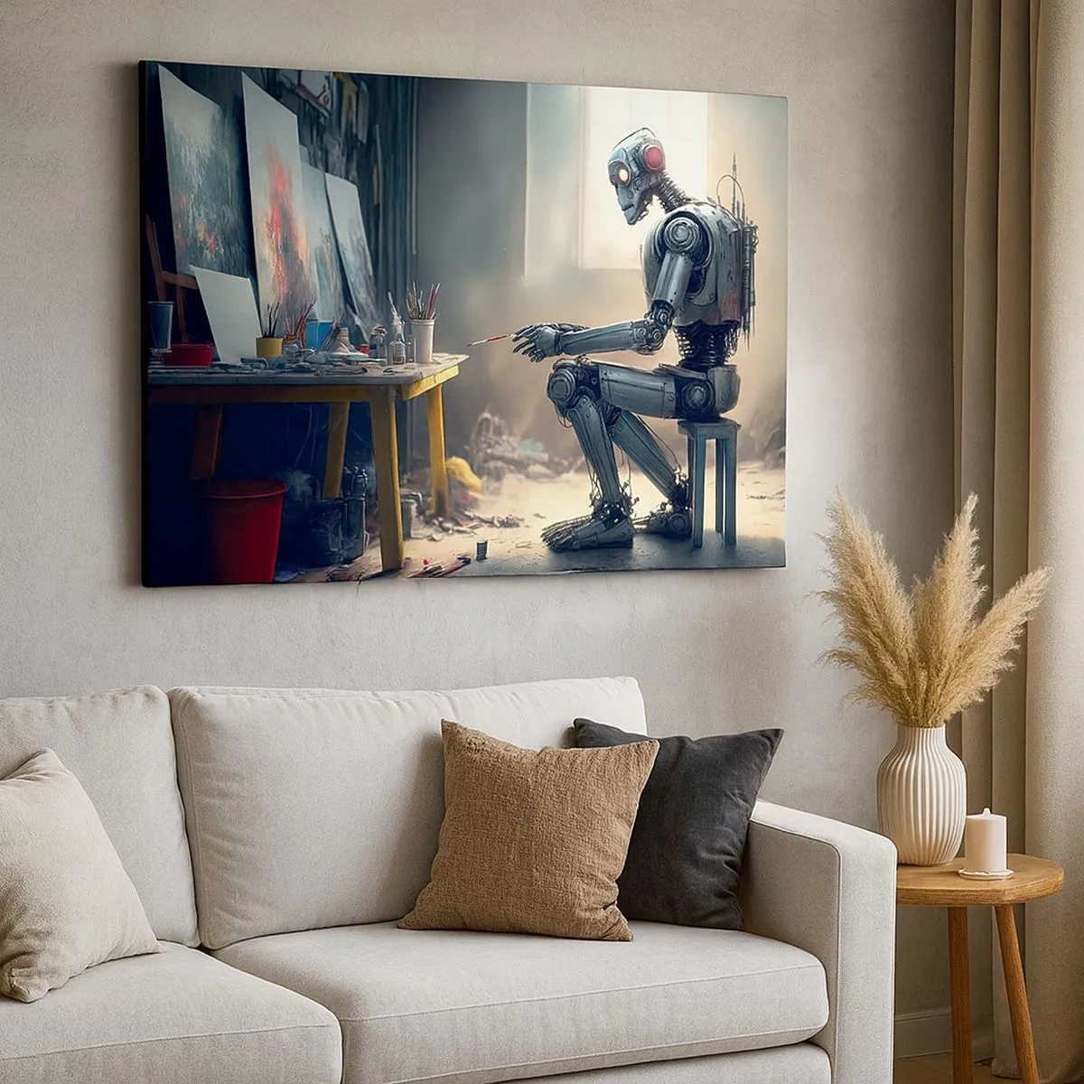 Tablou pe pânză Canvas - Un robot pictează un tablou într-un studio de artă - 70x50cm - Actul de creație - Decorațiune modernă pentru perete pentru living și dormitor ARTTOR