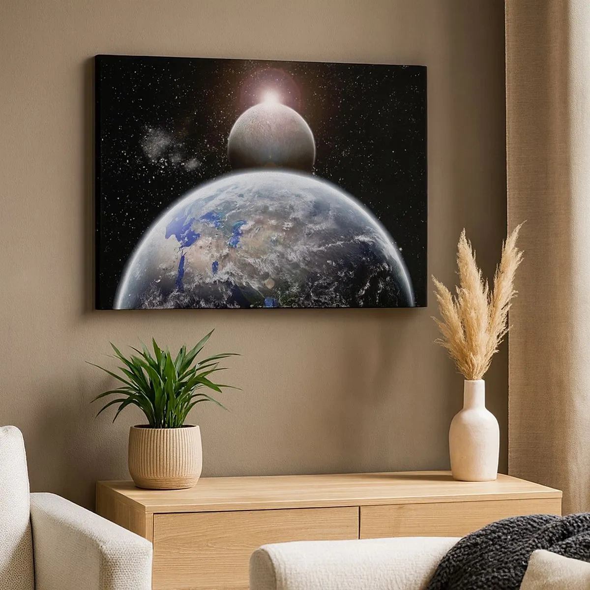Tablou pe pânză Canvas - Planeta Pământ și Luna pe fundalul spațiului cosmic înstelat. - 70x50cm - Peisaj cosmic - răsărit de soare - Decorațiune modernă pentru perete pentru living și dormitor ARTTOR