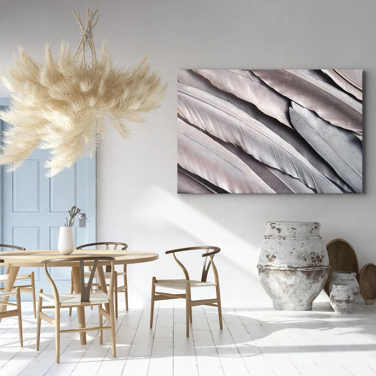 Tablou pe pânză Canvas - Pene delicate în nuanțe subtile de gri și bej - 70x50cm - Argintul roz - Decorațiune modernă pentru perete pentru living și dormitor ARTTOR
