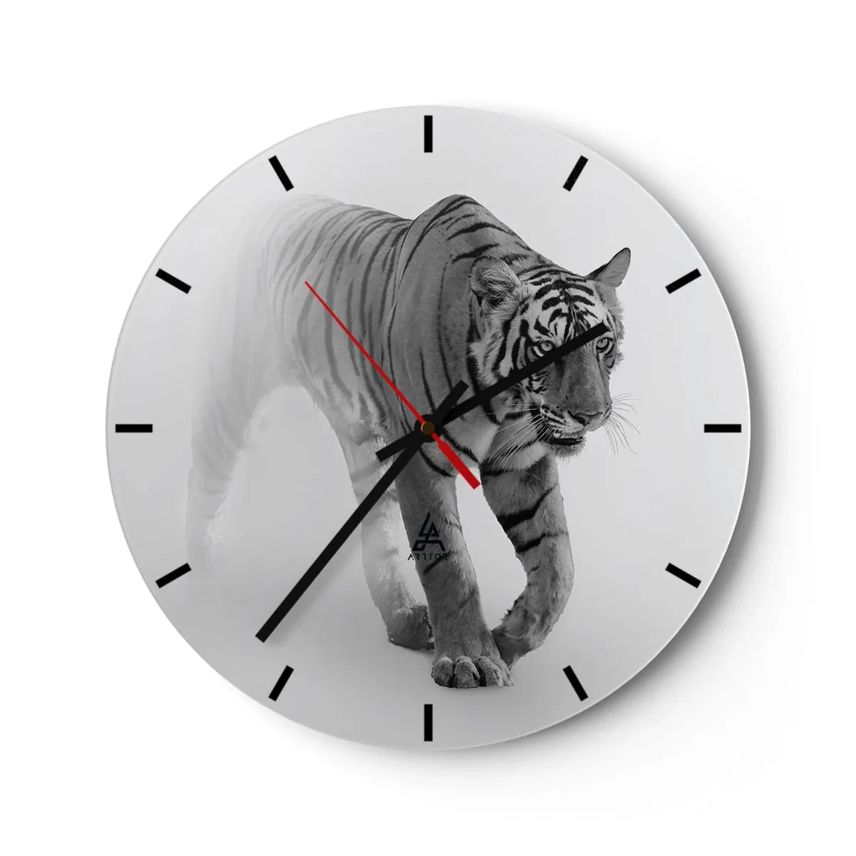 Ceas de perete - Ceas pe sticlă - Tigru realist în stil monocrom pe fundal alb - 30x30cm - De veghe în ceață - Decorațiune modernă pentru perete pentru living, bucătărie și dormitor ARTTOR