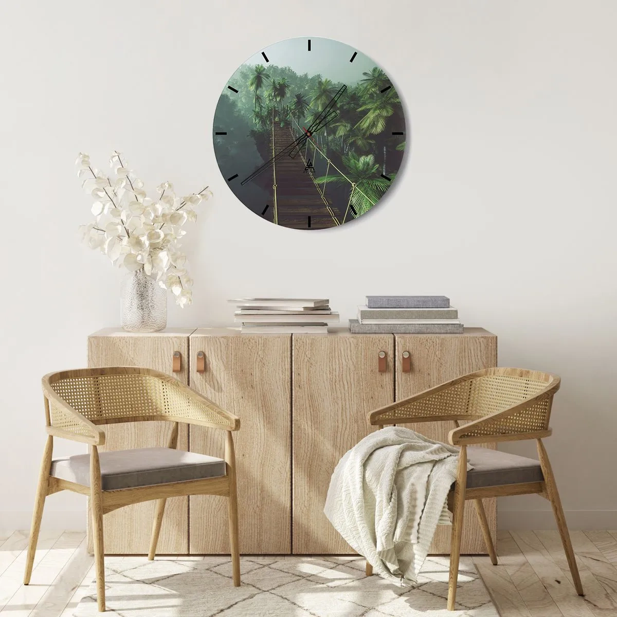 Ceas de perete - Ceas pe sticlă - Un pod suspendat într-o pădure tropicală înconjurat de ceață. - 30x30cm - Deasupra cazanului verde - Decorațiune modernă pentru perete pentru living, bucătărie și dormitor ARTTOR