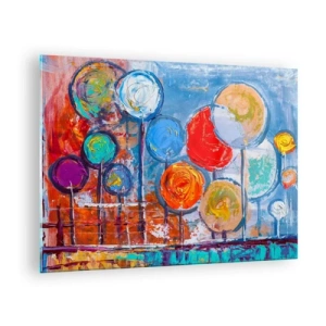 Tablou pe sticlă - Copaci colorați, abstracți, pictați pe fundalul cerului - 70x50cm - Toate ciudăţeniile şi curiozităţile - Decorațiune modernă pentru perete pentru living și dormitor ARTTOR