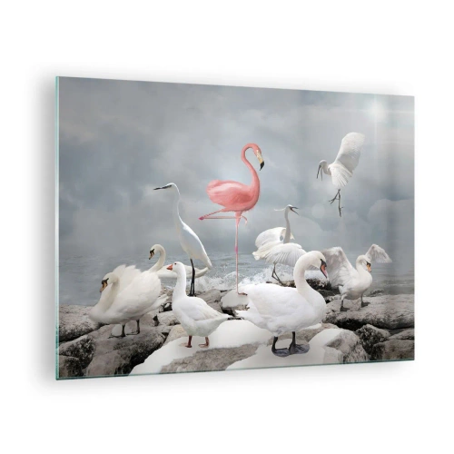 Tablou pe sticlă - Un flamingo roz printre lebede albe și stârci pe fundalul apei - 70x50cm - De unde am venit? - Decorațiune modernă pentru perete pentru living și dormitor ARTTOR