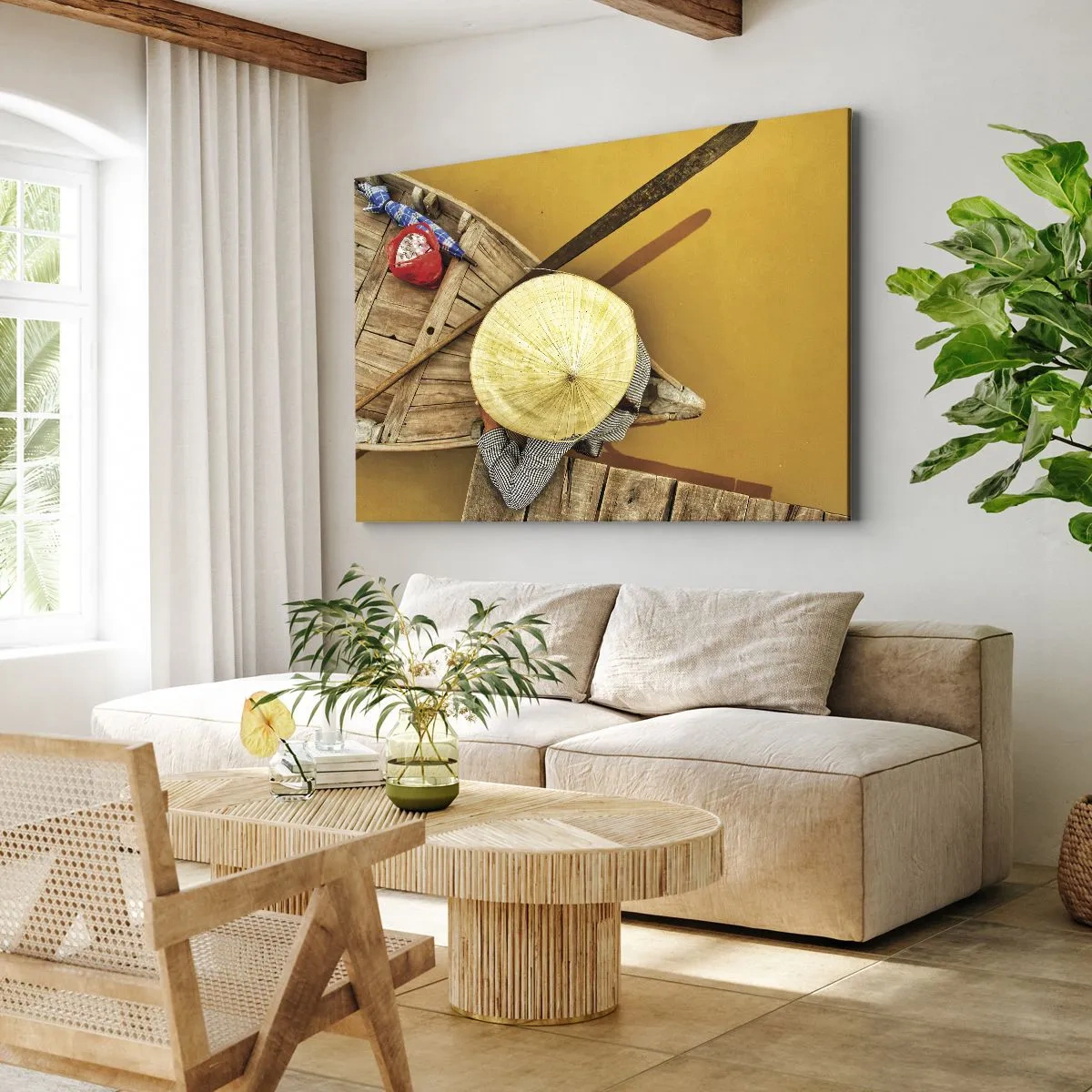 Tablou pe pânză Canvas - O barcă tradițională văzută din perspectivă - 70x50cm - Viața pe râul galben - Decorațiune modernă pentru perete pentru living și dormitor ARTTOR
