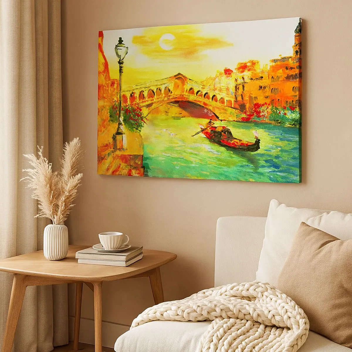 Tablou pe pânză Canvas - Un pod pitoresc peste canal cu o gondolă în lumina soarelui care apune - 70x50cm - Pelerinaj de îndrăgostiți - Decorațiune modernă pentru perete pentru living și dormitor ARTTOR