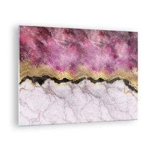 Tablou pe sticlă - Compoziție abstractă din marmură cu accente aurii și violet - 70x50cm - La graniță - Decorațiune modernă pentru perete pentru living și dormitor ARTTOR