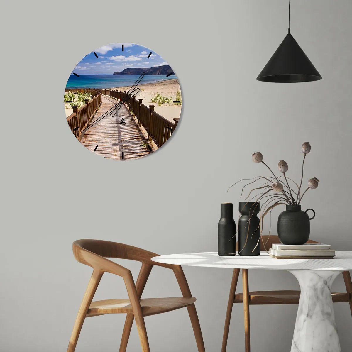 Ceas de perete - Ceas pe sticlă - O pasarelă de lemn care duce la plajă lângă marea albastră - 30x30cm - Du-mă în insulele fericite - Decorațiune modernă pentru perete pentru living, bucătărie și dormitor ARTTOR