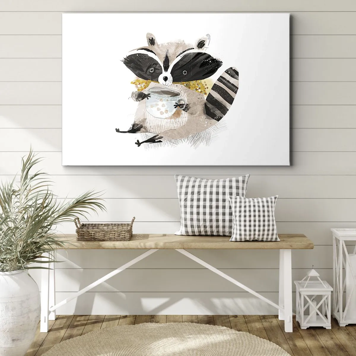 Tablou pe pânză Canvas - Raton adorabil care ține o cană în culori pastelate - 70x50cm - Prietenul meu ratonul - Decorațiune modernă pentru perete pentru living și dormitor ARTTOR