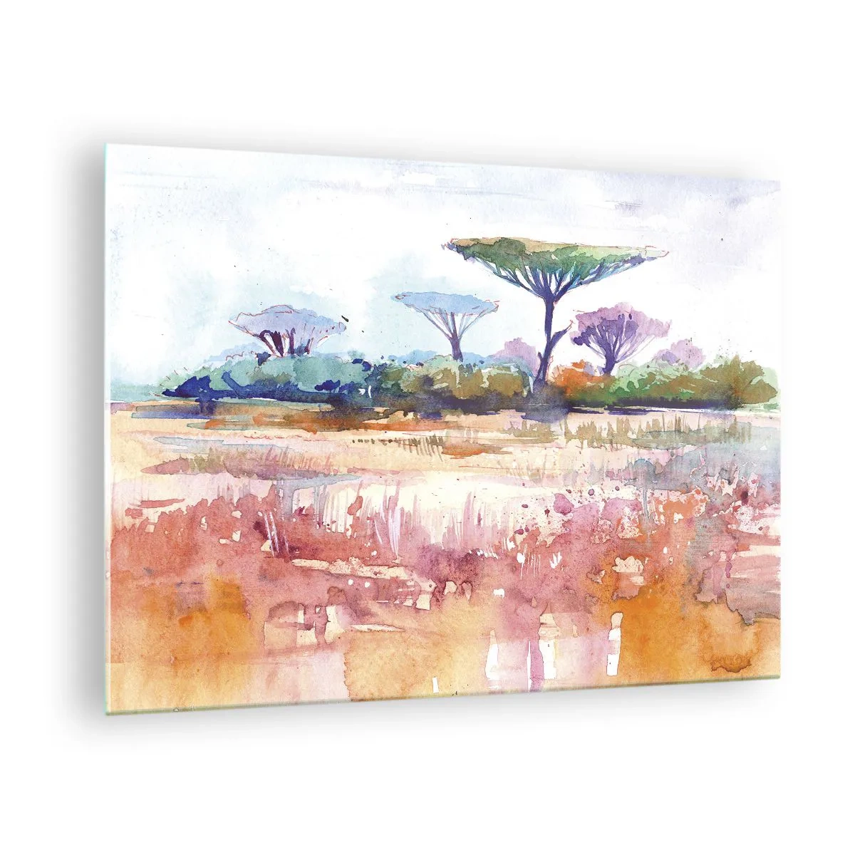 Tablou pe sticlă - Peisaj de savană în acuarelă cu copaci și vegetație - 70x50cm - Culorile savanei - Decorațiune modernă pentru perete pentru living și dormitor ARTTOR